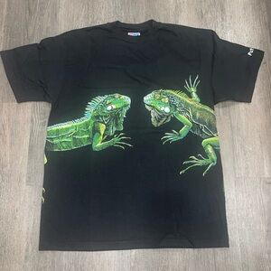 Vintage 90s Reptile wraparound  Black T-Shirt with Green Iguana Design